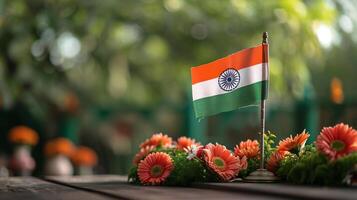 ai généré Indien drapeau et vibrant Gerberas sur en bois table photo