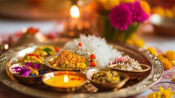 ai généré vibrant Indien de fête plat avec bonbons et fleurs photo