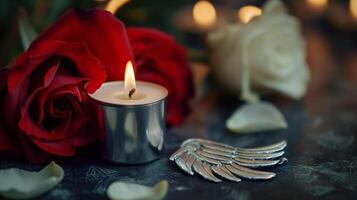 ai généré romantique aux chandelles réglage avec rouge et blanc des roses photo