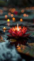 ai généré illuminé rouge lotus bougie flottant sur l'eau photo