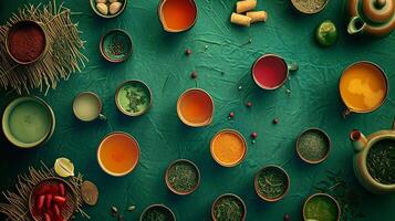 ai généré aérien vue de diverse thé sélection sur vert tissu photo