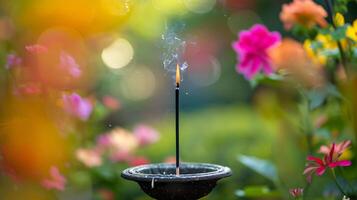 ai généré aromatique encens fumée en hausse plus de floral jardin brouiller photo