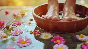 ai généré pieds immergé dans en bois bol avec flottant fleurs photo