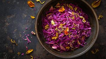 ai généré aromatique pétales dans rustique bol sur pierre surface photo