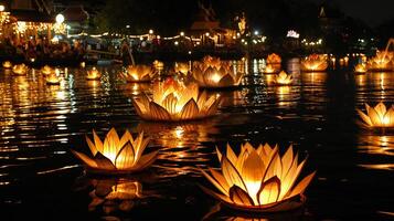 ai généré d'or lotus lanternes orner le tranquille des eaux photo