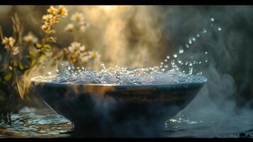 ai généré le coucher du soleil lueur sur l'eau bol au milieu de blanc fleurs photo