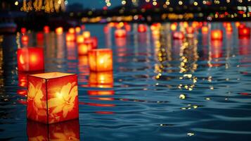 ai généré soir lueur sur l'eau avec flottant lanternes photo