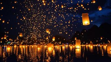 ai généré ciel rempli avec embrasé lanternes à crépuscule fête photo