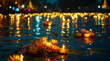 ai généré Festival de lumière, lotus lanternes sur une silencieux Lac photo