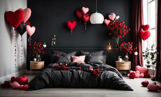 ai généré moderne foncé chambre avec Valentin atmosphère avec des roses et cœur des ballons photo