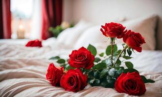 ai généré fermer vue sur une bouquet de rouge des roses sur le lit. contre le Contexte de brûlant bougies. le atmosphère est confortable et belle. photo