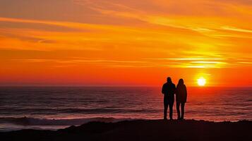 ai généré couple profiter une majestueux le coucher du soleil sur le plage photo