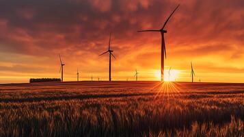 ai généré vent turbines à le coucher du soleil dans une renouvelable énergie paysage photo