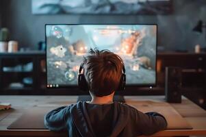 ai généré enfant absorbé dans en jouant fantaisie ordinateur Jeu photo