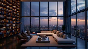 ai généré luxe gratte-ciel appartement vivant pièce avec paysage urbain vue à crépuscule photo