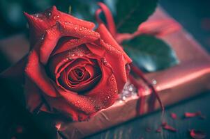 ai généré rouge des roses et rosée gouttes sur cadeau des boites pour des couples scintillait sur la Saint-Valentin journée photo