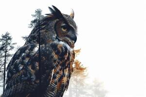 ai généré majestueux hibou double exposition avec forêt scène, parfait pour Créatif arrière-plans ou ouvrages d'art conception. photo