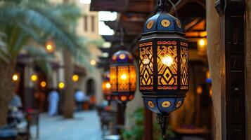 ai généré traditionnel arabe lanternes orner une silencieux rue photo