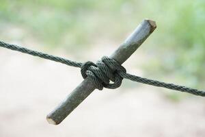 proche en haut corde nœud lié sur en bois bâton. concept, utile attacher nœud pour divers fins dans du quotidien vie. attacher nœud corde enseignement aide. survie la vie compétences avec corde. photo