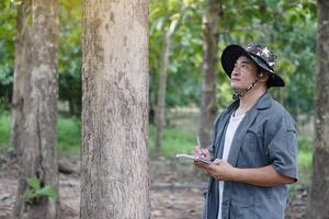 asiatique homme botaniste est inspecter tronc de arbre dans forêt à une analyse et recherche à propos croissance de arbre. concept, forêt évaluation. préservation de environnement. enquête botanique les plantes. photo