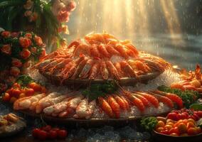 ai généré Fruit de mer sur la glace à le poisson marché. lumière des rayons plus de Fruit de mer plat sur la glace et sur une table contre lumière photo