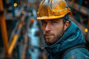 ai généré portrait de ouvrier dans casque à construction placer. photo