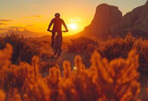 ai généré homme monte Montagne bicyclette sur Piste à le coucher du soleil. photo