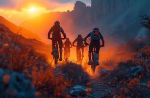 ai généré quatre Montagne motards balade par le désert à le coucher du soleil photo