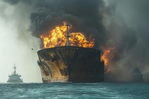 ai généré cargaison navire pétrole pétrolier dans rouge mer étant frappé par missile brûlant navire photo