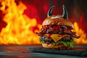 ai généré diable forme Hamburger dans une enfer dans flamme Contexte photo