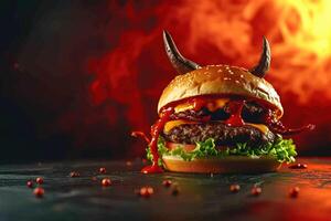 ai généré diable forme Hamburger dans une enfer dans flamme Contexte photo