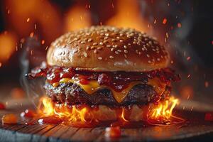 ai généré démoniaque cheesburger enfer dans flamme Contexte photo