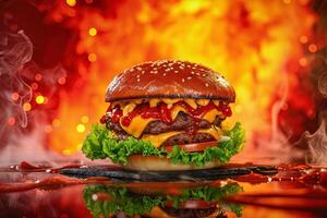 ai généré diable forme Hamburger dans une enfer dans flamme Contexte photo