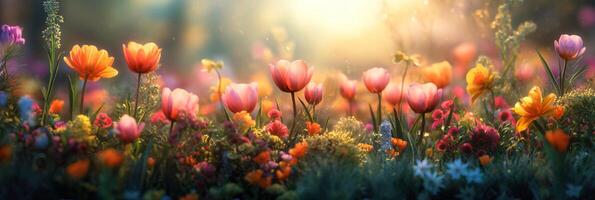 ai généré une printemps bannière de champ rempli avec une variété de fleurs comme tulipes, jonquilles, et Cerise fleurs, dans un tableau de brillant roses, jaunes et violettes. photo