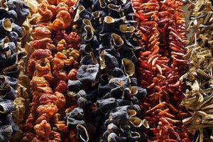 séché aubergines , poivrons , concombres et gombo à le bazar Istanbul marché. séché des légumes pour à utilisation à hiver temps. photo