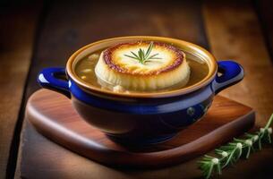 ai généré st. patrick's jour, traditionnel irlandais des pâtisseries, nationale irlandais cuisine, oignon soupe avec irlandais porter et fromage Croûtons, crème soupe photo