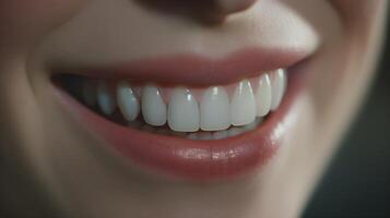 ai généré proche en haut de magnifique femelle sourire avec blanc dents. dentisterie concept. photo