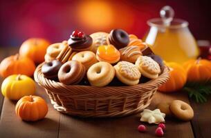 ai généré pourim, une traditionnel juif plat, nationale juif cuisine, mishloah Manot, de fête paniers avec bonbons et des pâtisseries, citrouilles et sapin branches photo