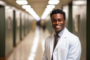 ai généré portrait de un Afro-américain Masculin médecin, souriant infirmière, gars dans une hôpital robe, hôpital couloir, nationale médecins jour, monde infirmières journée photo