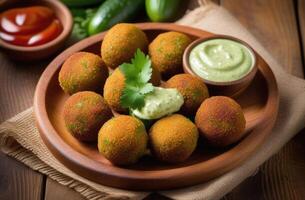 ai généré pourim, traditionnel juif plat, nationale juif cuisine, frit pois chiche galettes, falafel et concombre sauce, herbes, soucoupe avec sauce et citron, citron jus, végétalien cuisine photo