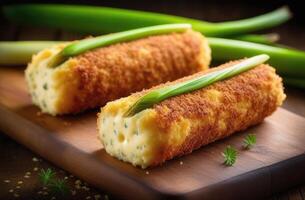 ai généré nationale gallois cuisine, st. David jour, traditionnel glamorgan saucisses fabriqué de caerphilly fromage et poireaux, décoré avec herbes, appétissant photo, magnifique portion photo