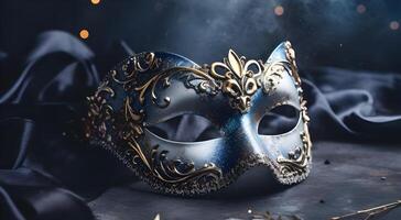 ai généré magnifique bleu carnaval masque sur une noir Contexte. photo