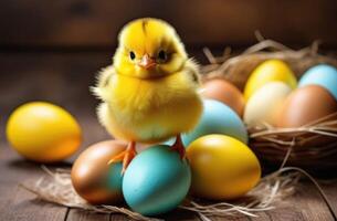 ai généré Pâques, marrant peu Jaune poulet, la volaille, coloré coloré œufs, des œufs dans le nid photo