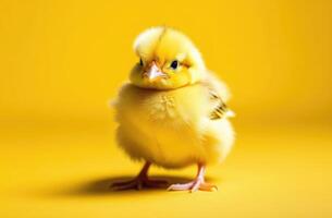 ai généré Pâques, marrant peu Jaune poulet, la volaille, portrait de une coq, Jaune Contexte photo