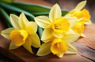 ai généré international aux femmes jour, st. David jour, les mères jour, bouquet de Jaune jonquilles, printemps fleurs, en bois Contexte photo