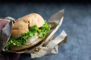 Frais savoureux Burger sur main. des hamburgers avec porc et Frais salade photo