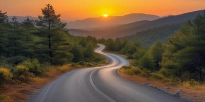 ai généré le coucher du soleil plus de une enroulement forêt route photo