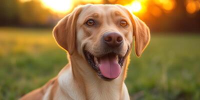 ai généré chien séance dans herbe avec langue en dehors photo