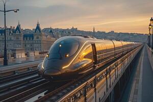 ai généré futuriste Orient Express train en arrivant dans européen Capitale ville photo
