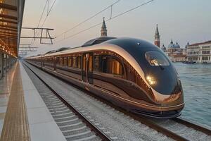 ai généré futuriste Orient Express train en arrivant dans européen Capitale ville photo